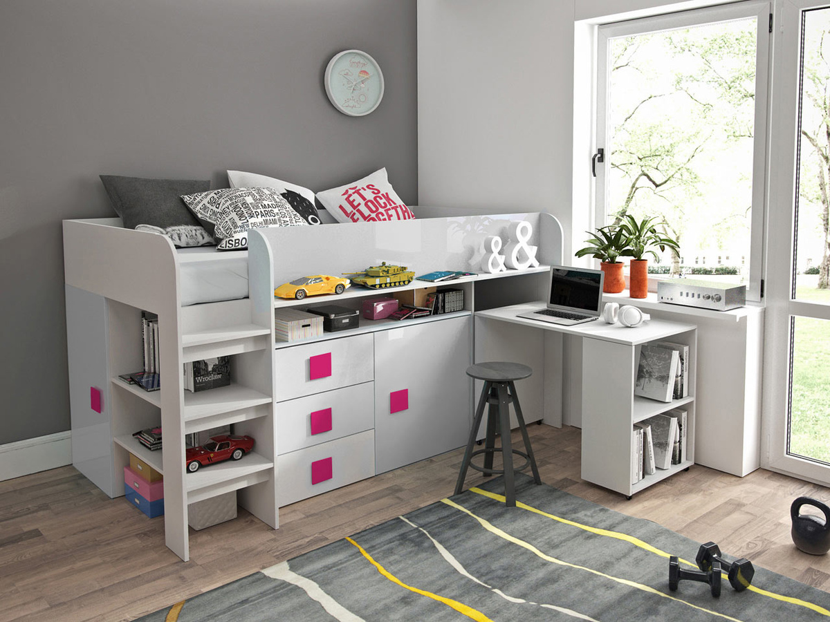 Bed Hartford 190 (Wit + Glanzend wit + Glanzend roze)