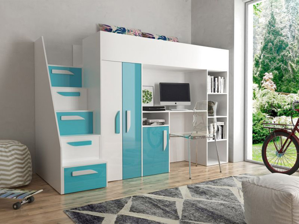 Hoog bed Hartford 192 (Wit + Glans Turquoise + Glanzend wit)