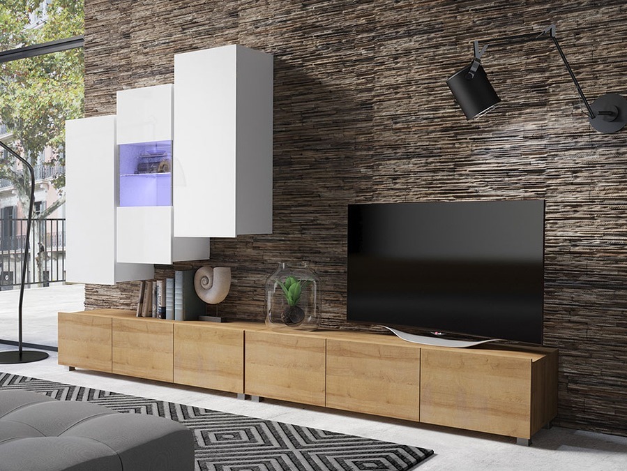 Woonkamerset Tivdalu 133 (Gouden eik + Wit + Glanzend wit)