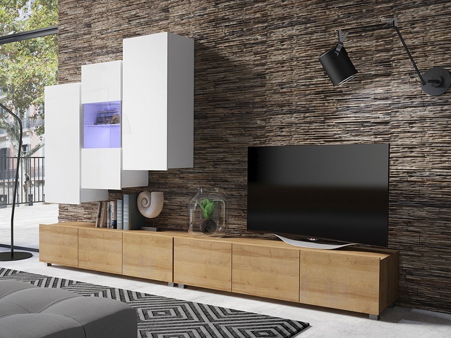 Woonkamerset Tivdalu 133 (Gouden eik + Wit + Glanzend wit)