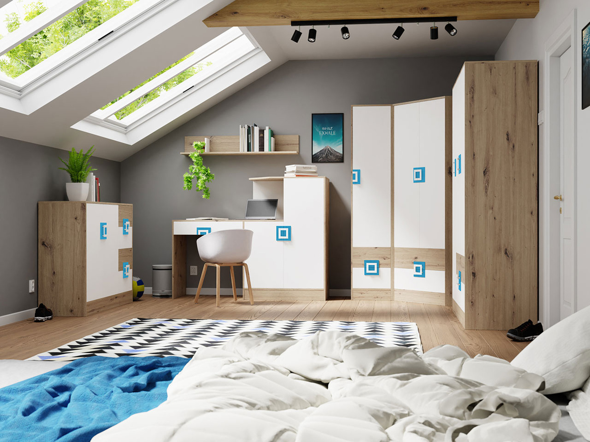 Meubelset Tolfere 106 (Licht eiken + Wit + Turquoise)