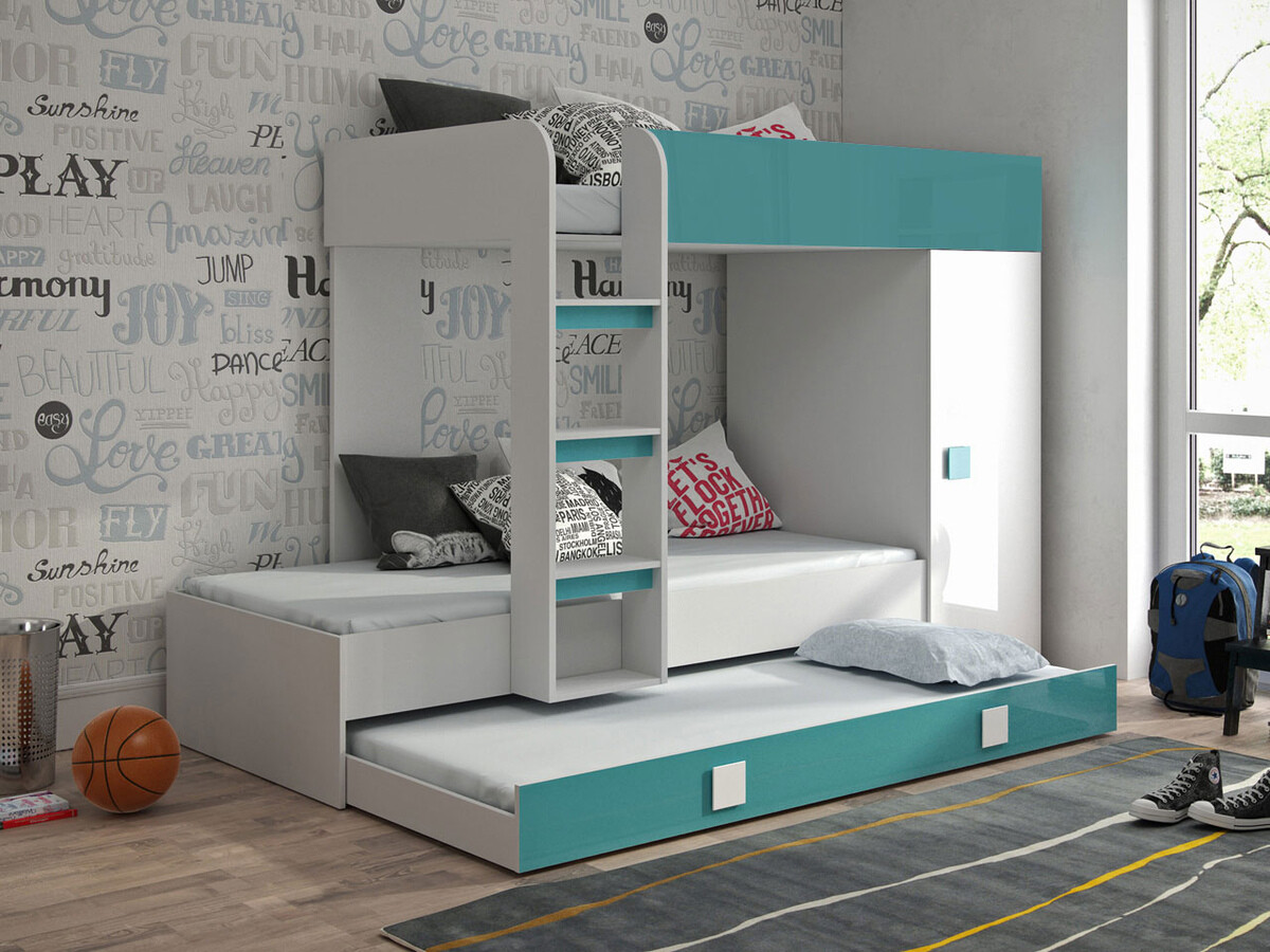 Stapelbed Hartford 191 (Wit + Glans Turquoise + Glanzend wit)