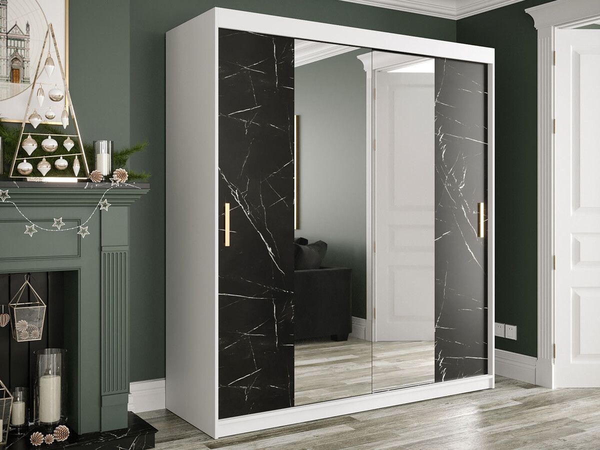 Kledingkast Hartford 255 (Mat wit + Zwart marmer)