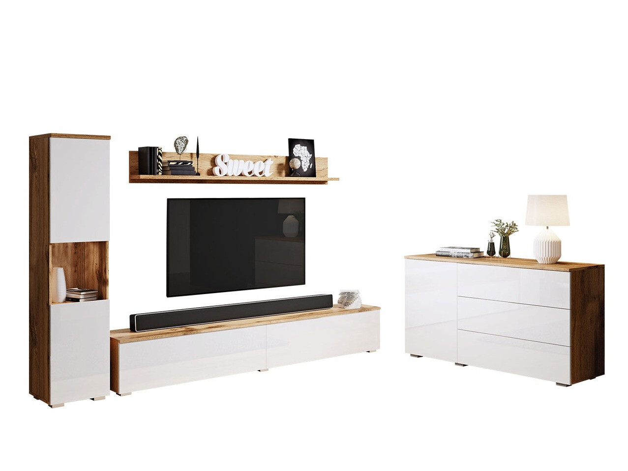 Woonkamerset Sarasota 132 (Wotan eik + Glanzend wit)