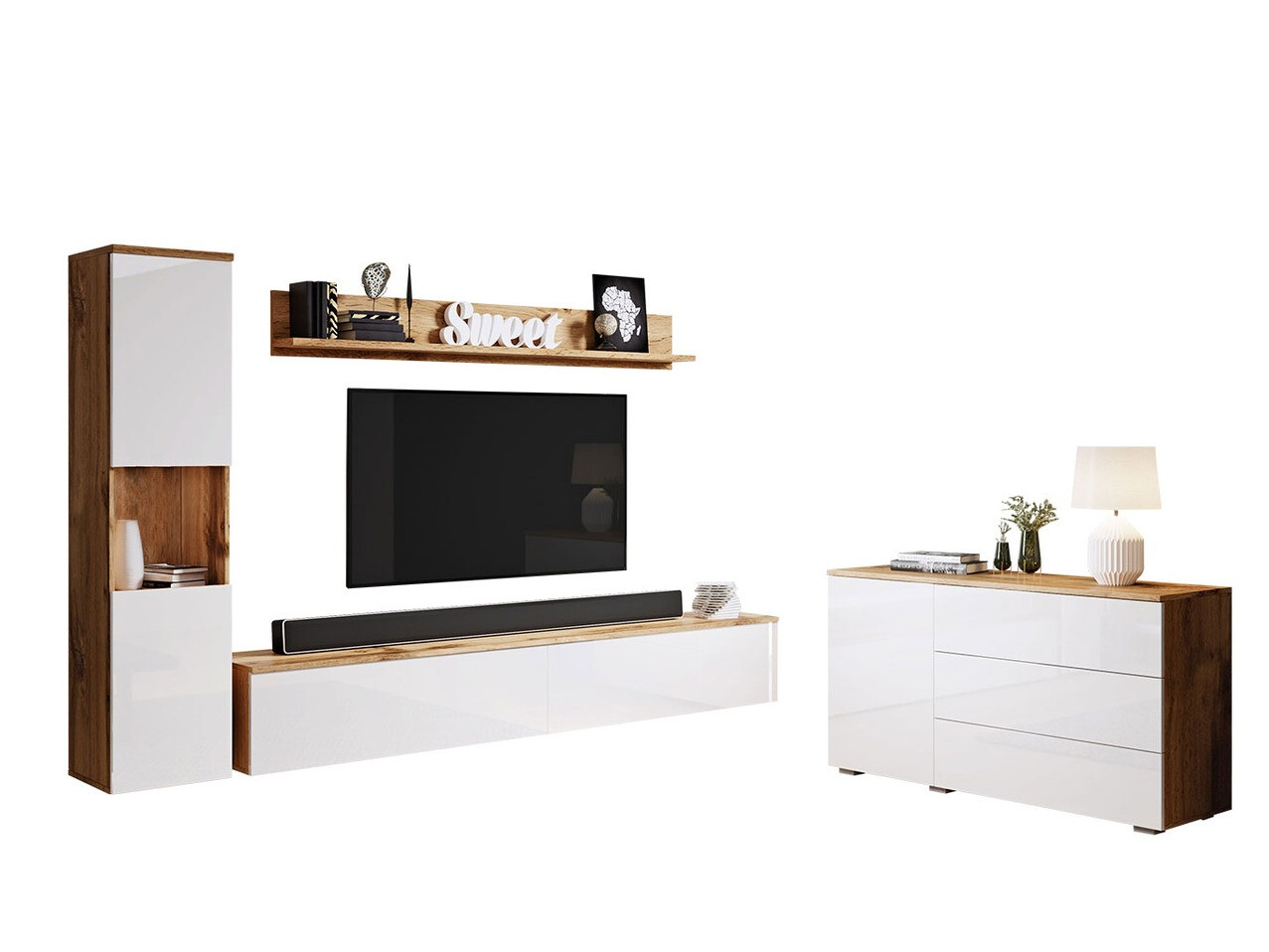 Woonkamerset Sarasota 132 (Wotan eik + Glanzend wit)