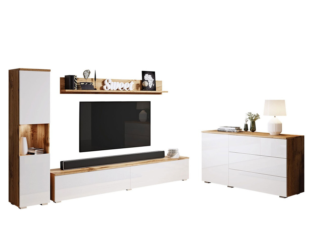 Woonkamerset Sarasota 132 (Wotan eik + Glanzend wit)