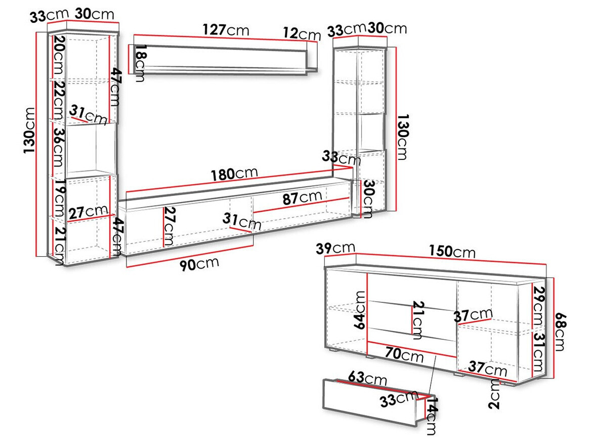 Woonkamerset Sarasota 133 (Wit + Glanzend wit)