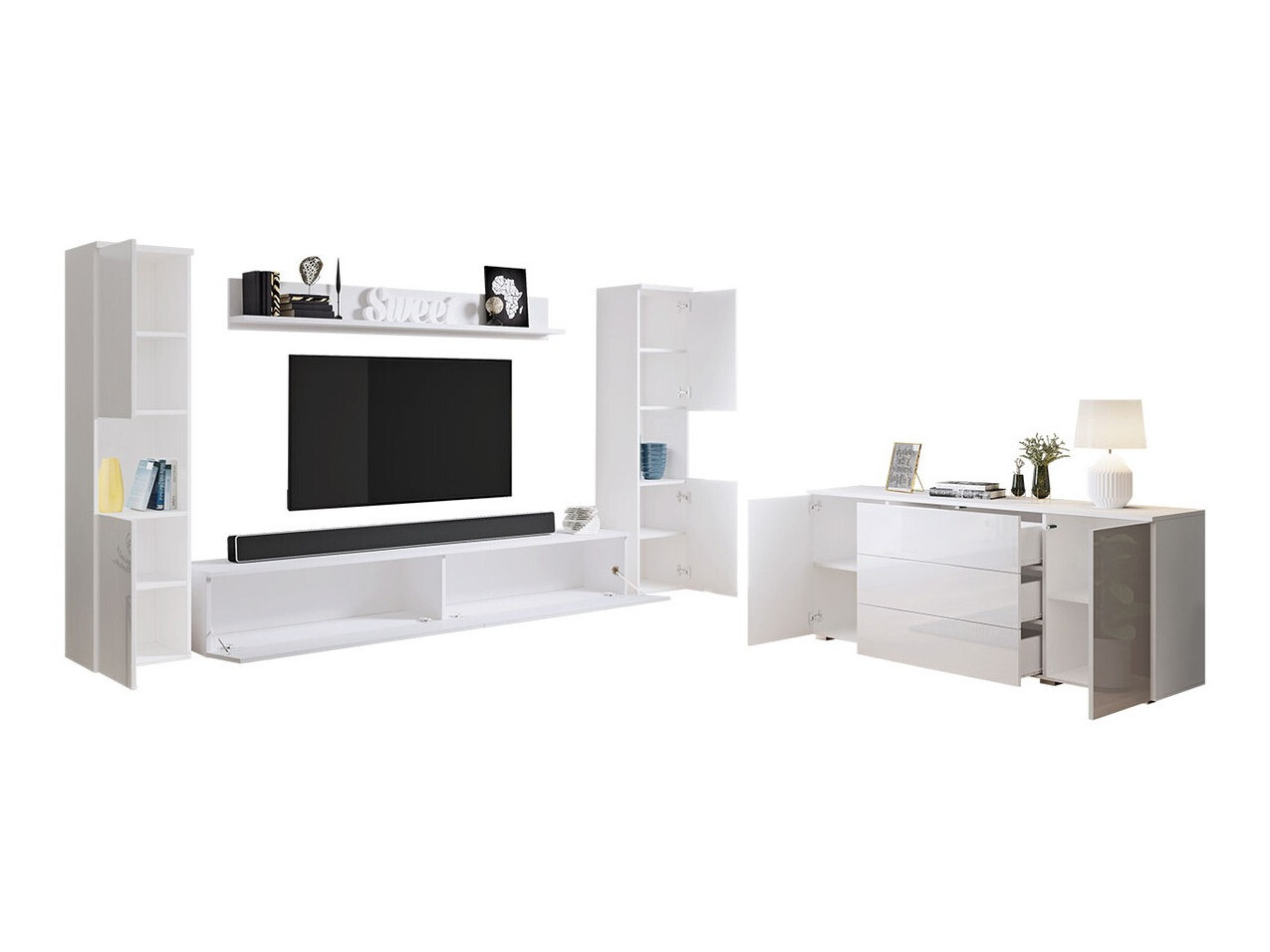 Woonkamerset Sarasota 133 (Wotan eik + Glanzend wit)