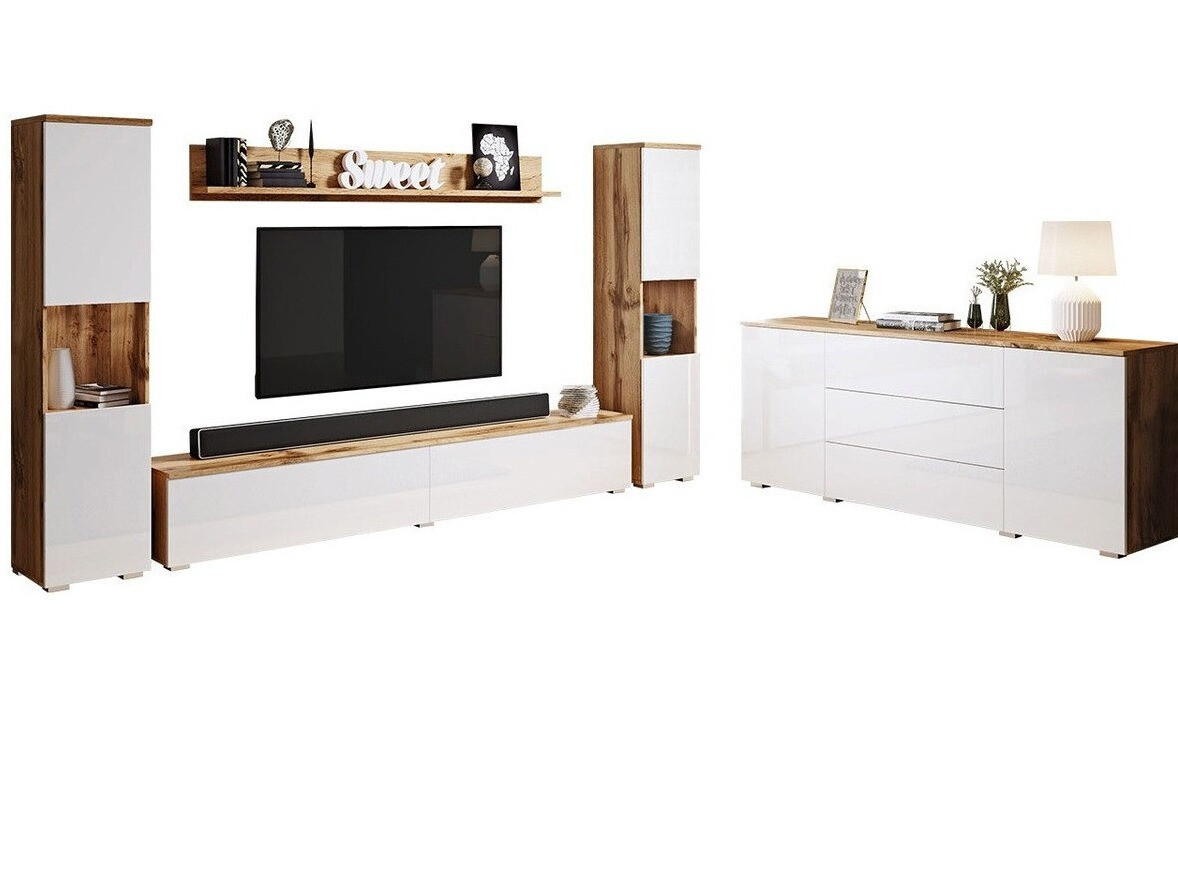 Woonkamerset Sarasota 133 (Wotan eik + Glanzend wit)