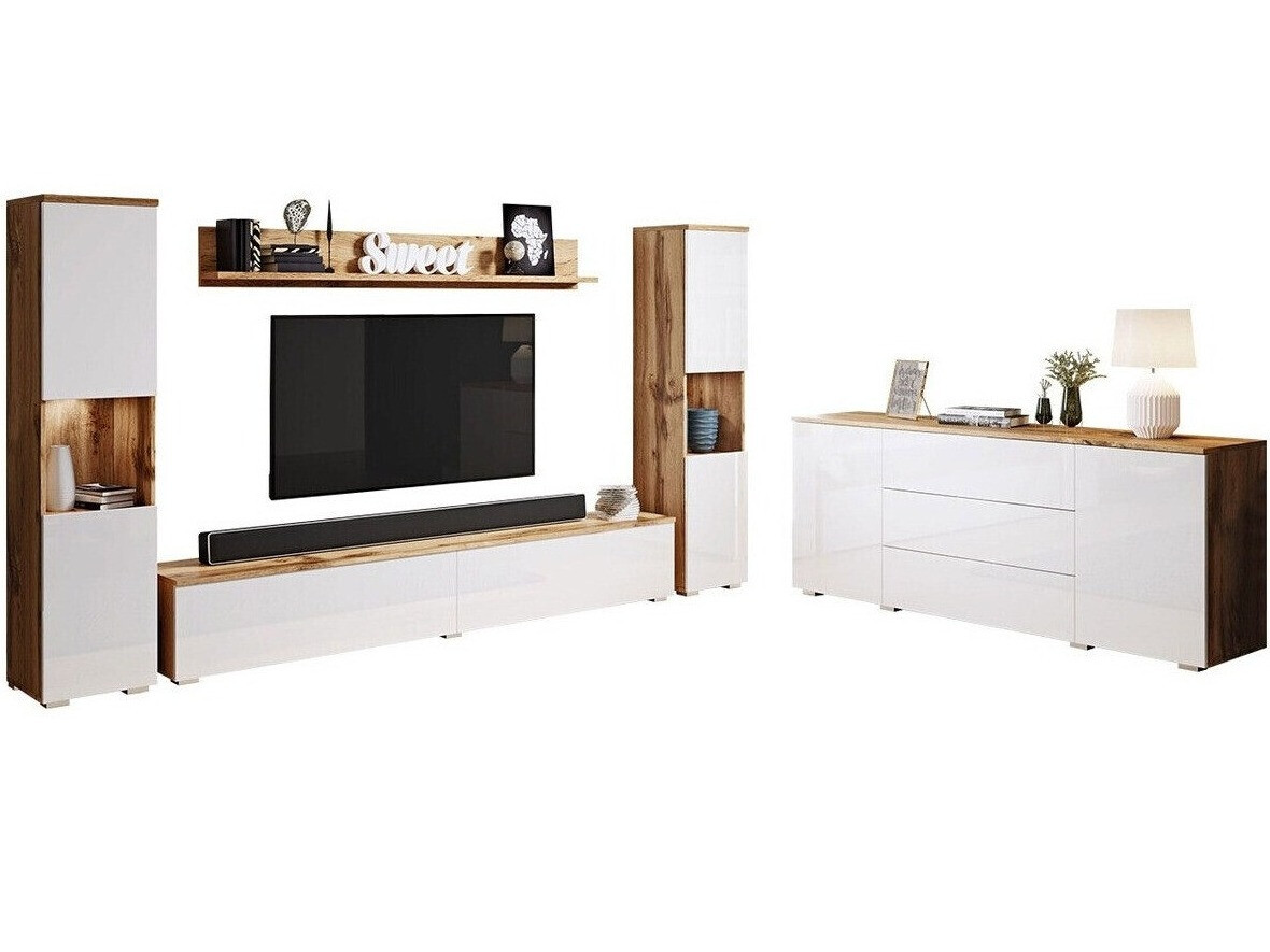 Woonkamerset Sarasota 133 (Wotan eik + Glanzend wit)