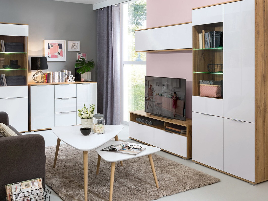 Wandkast Tivetra 110 (Wotan eik + Glanzend wit)