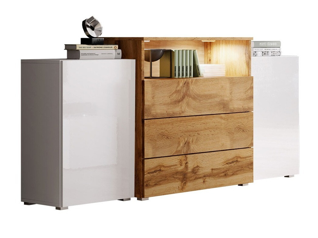 Ladekast Sarasota 127 (Wit + Glanzend wit + Wotan eik)