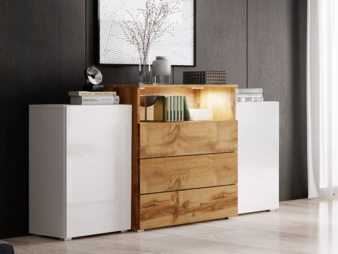 Ladekast Sarasota 127 (Wit + Glanzend wit + Wotan eik)