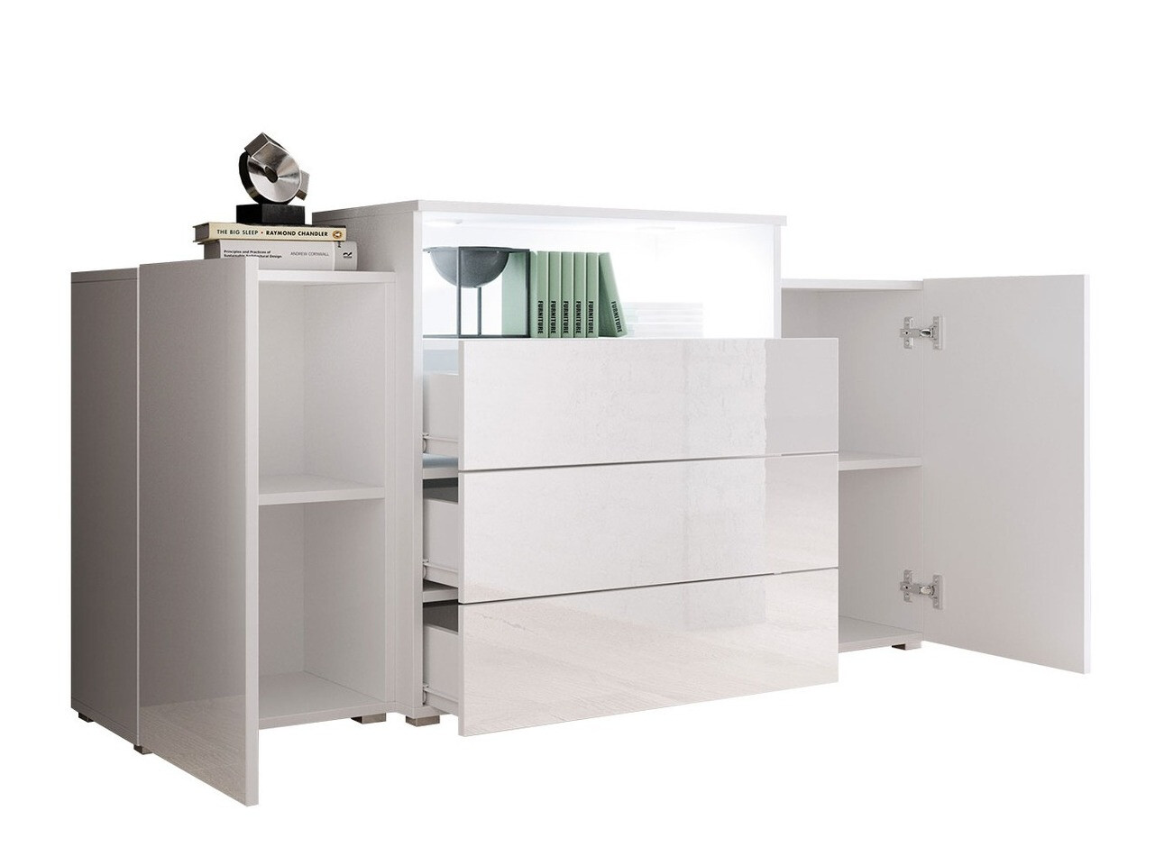 Ladekast Sarasota 127 (Wit + Glanzend wit + Wotan eik)