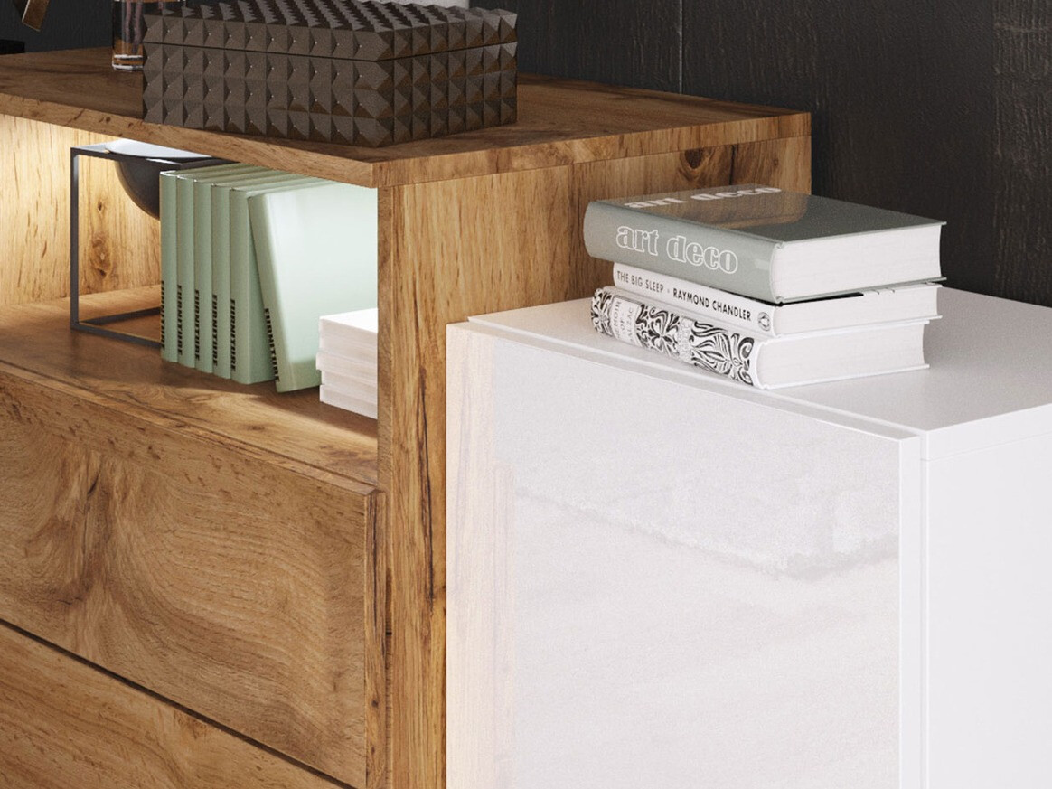 Ladekast Sarasota 127 (Wit + Glanzend wit + Wotan eik)