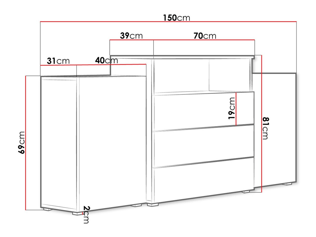 Ladekast Sarasota 127 (Wit + Glanzend wit + Wotan eik)