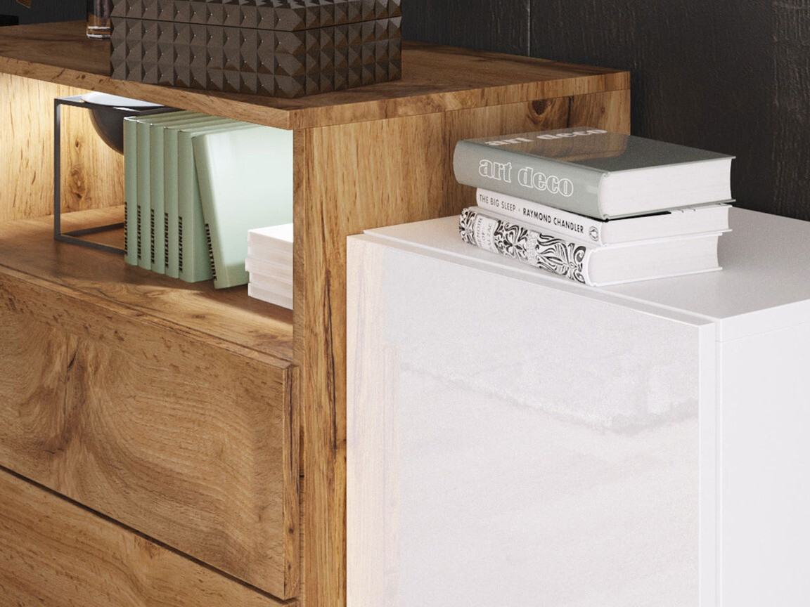 Ladekast Sarasota 127 (Wit + Glanzend wit + Wotan eik)