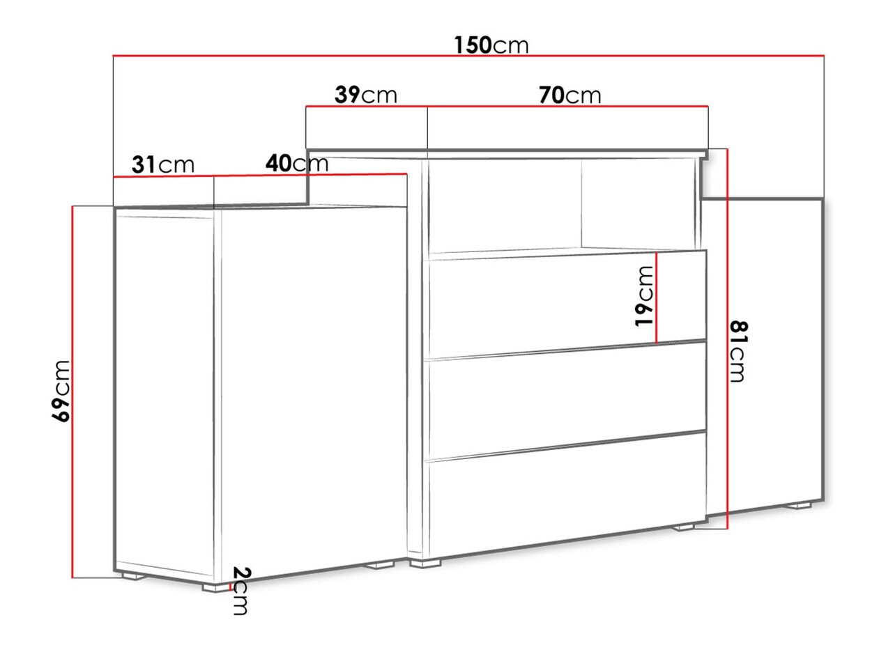 Ladekast Sarasota 127 (Wit + Glanzend wit + Wotan eik)