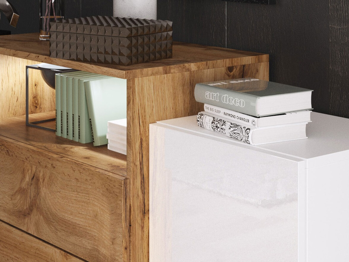 Ladekast Sarasota 127 (Wotan eik + Glanzend wit)