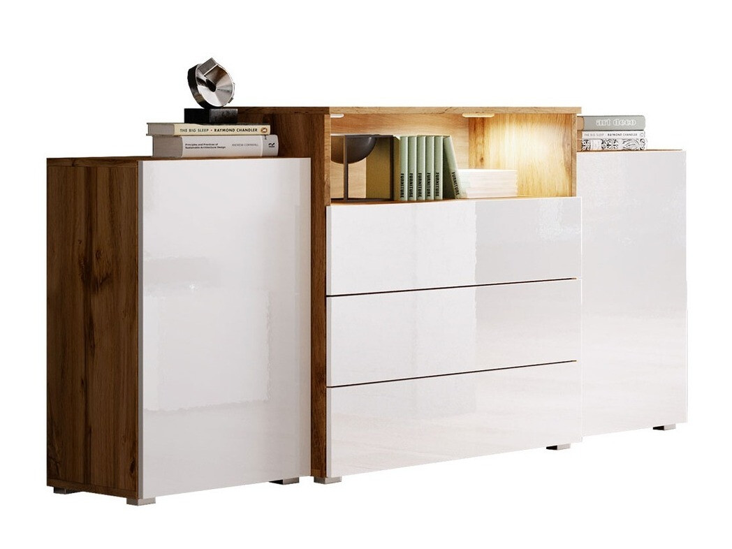 Ladekast Sarasota 127 (Wotan eik + Glanzend wit)