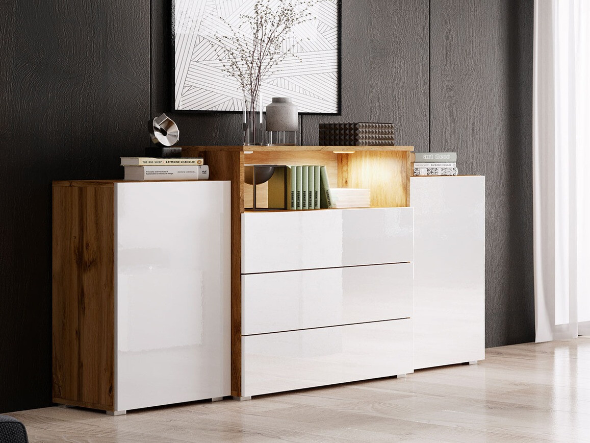 Ladekast Sarasota 127 (Wotan eik + Glanzend wit)