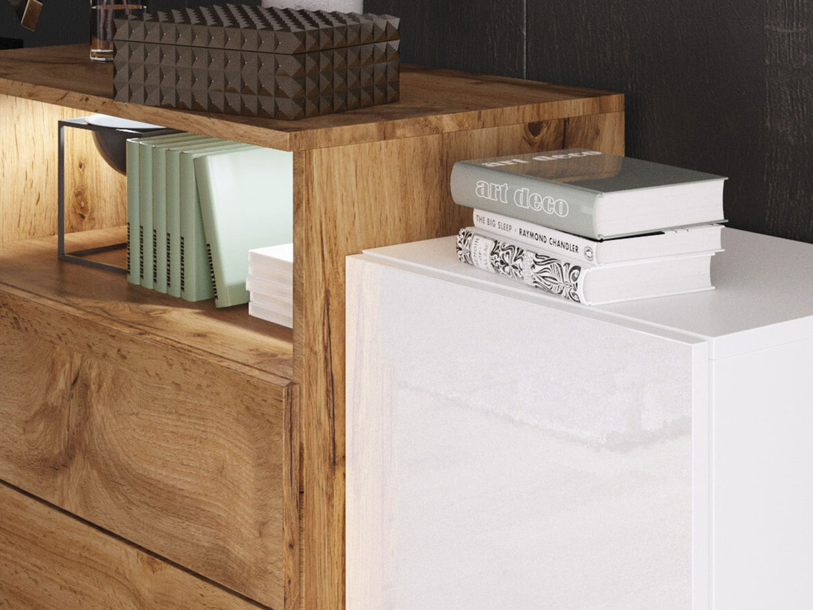 Ladekast Sarasota 127 (Wotan eik + Glanzend wit)