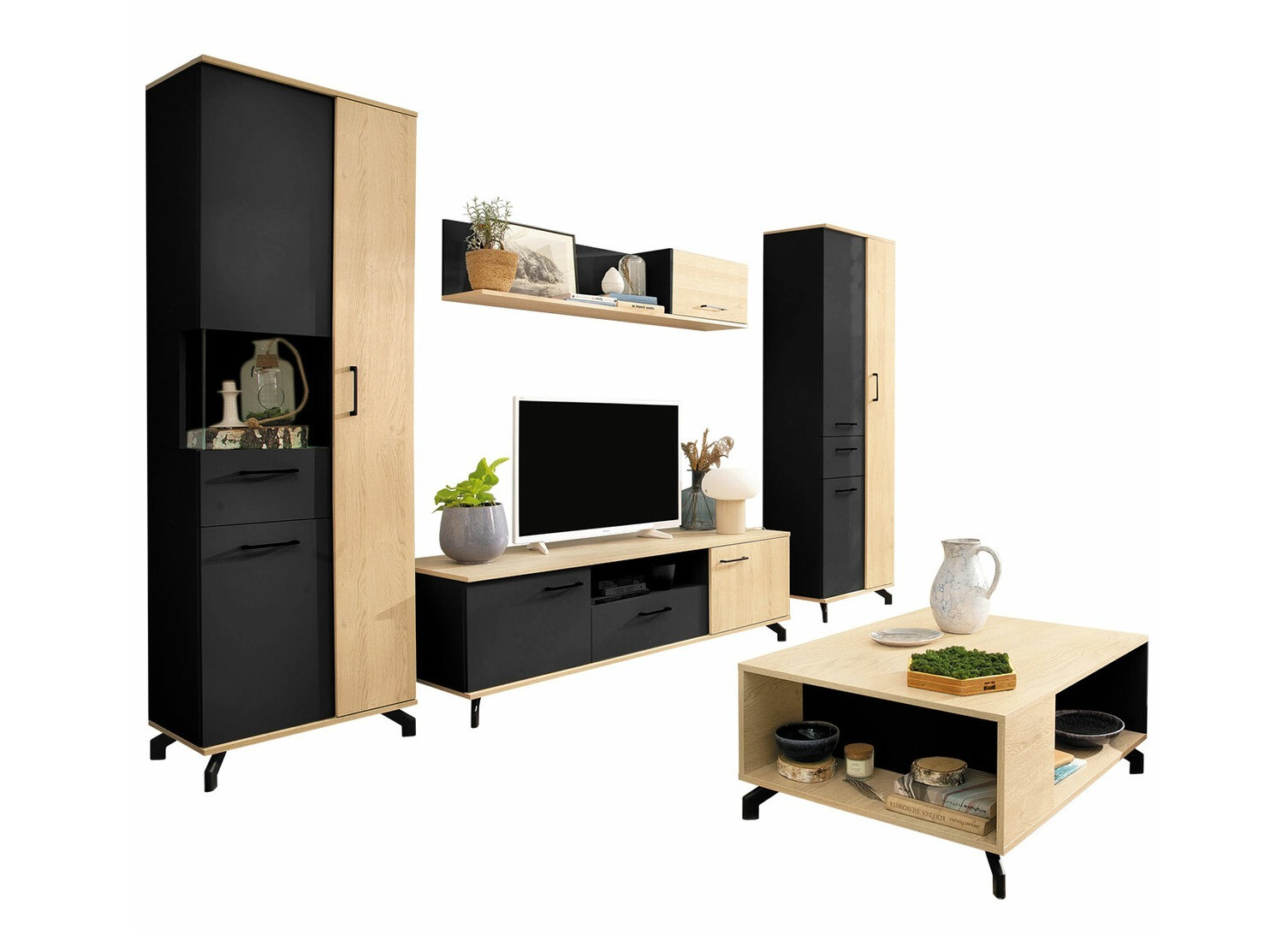 Woonkamerset Omaha S116 (Zwart + Licht eiken)