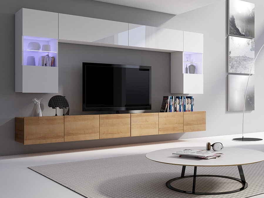 Woonkamerset Tivdalu 105 (Gouden eik + Wit + Glanzend wit)