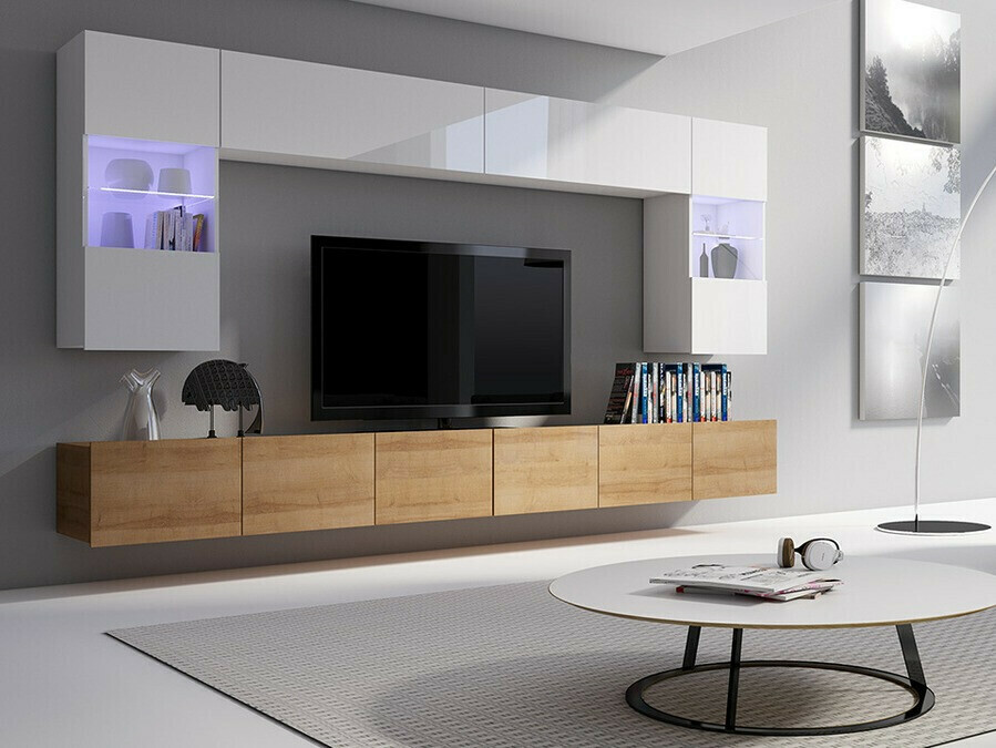 Woonkamerset Tivdalu 105 (Gouden eik + Wit + Glanzend wit)