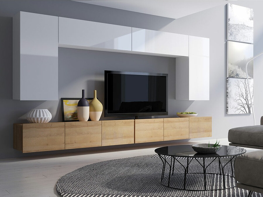 Woonkamerset Tivdalu 135 (Gouden eik + Wit + Glanzend wit)