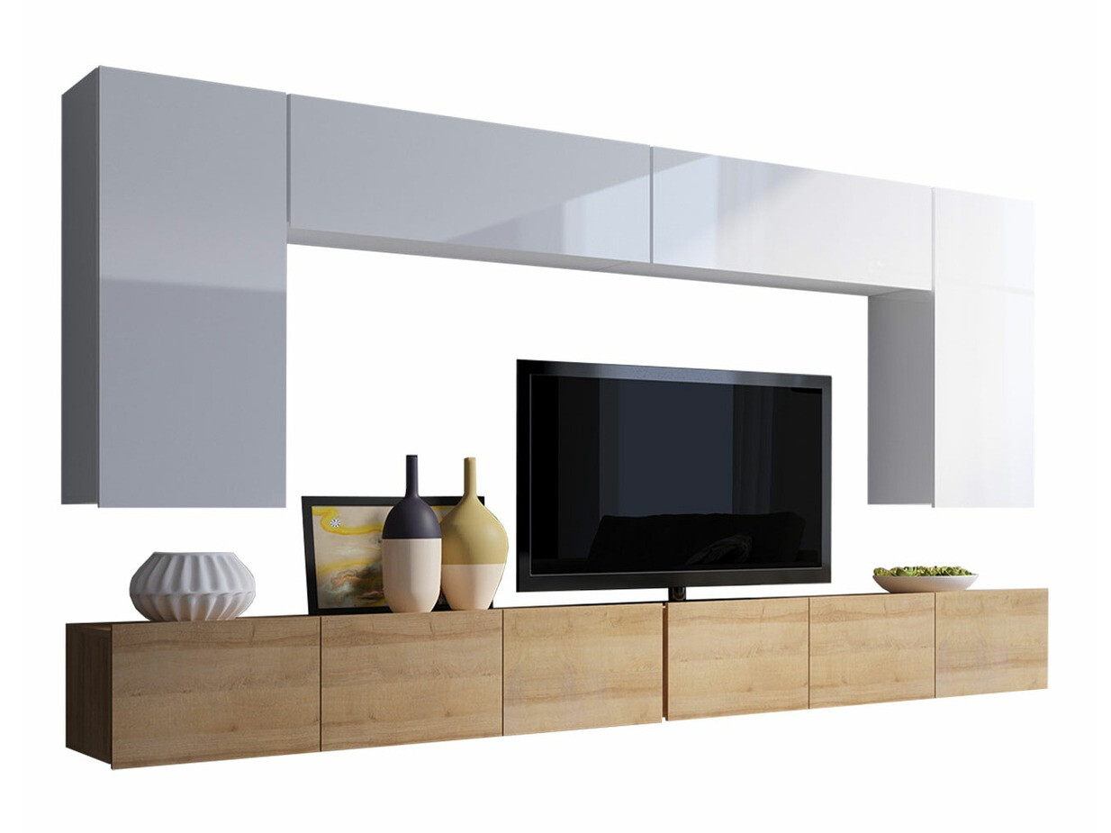 Woonkamerset Tivdalu 135 (Gouden eik + Wit + Glanzend wit)