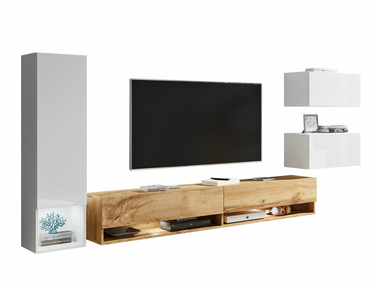 Woonkamerset Sarasota 124 (Wit + Glanzend wit + Wotan eik)