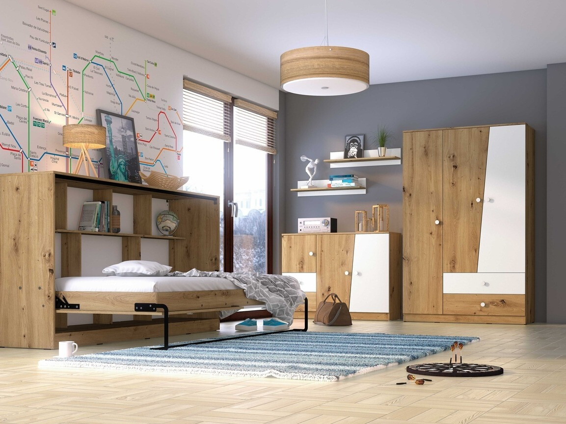 Muurbed Mirelbu 114 (Artisan eiken + Glanzend wit)