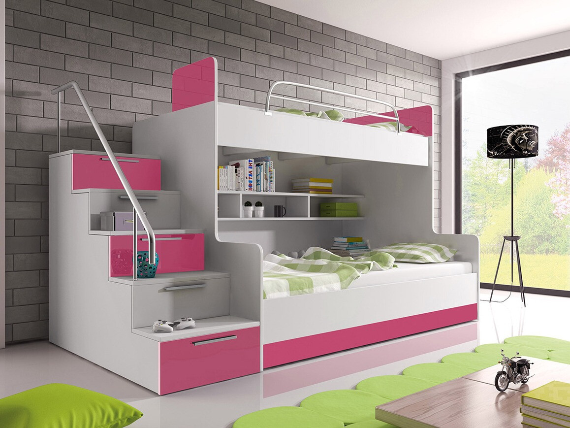 Stapelbed Salmere 111 (Wit + Glanzend wit + Glanzend roze)