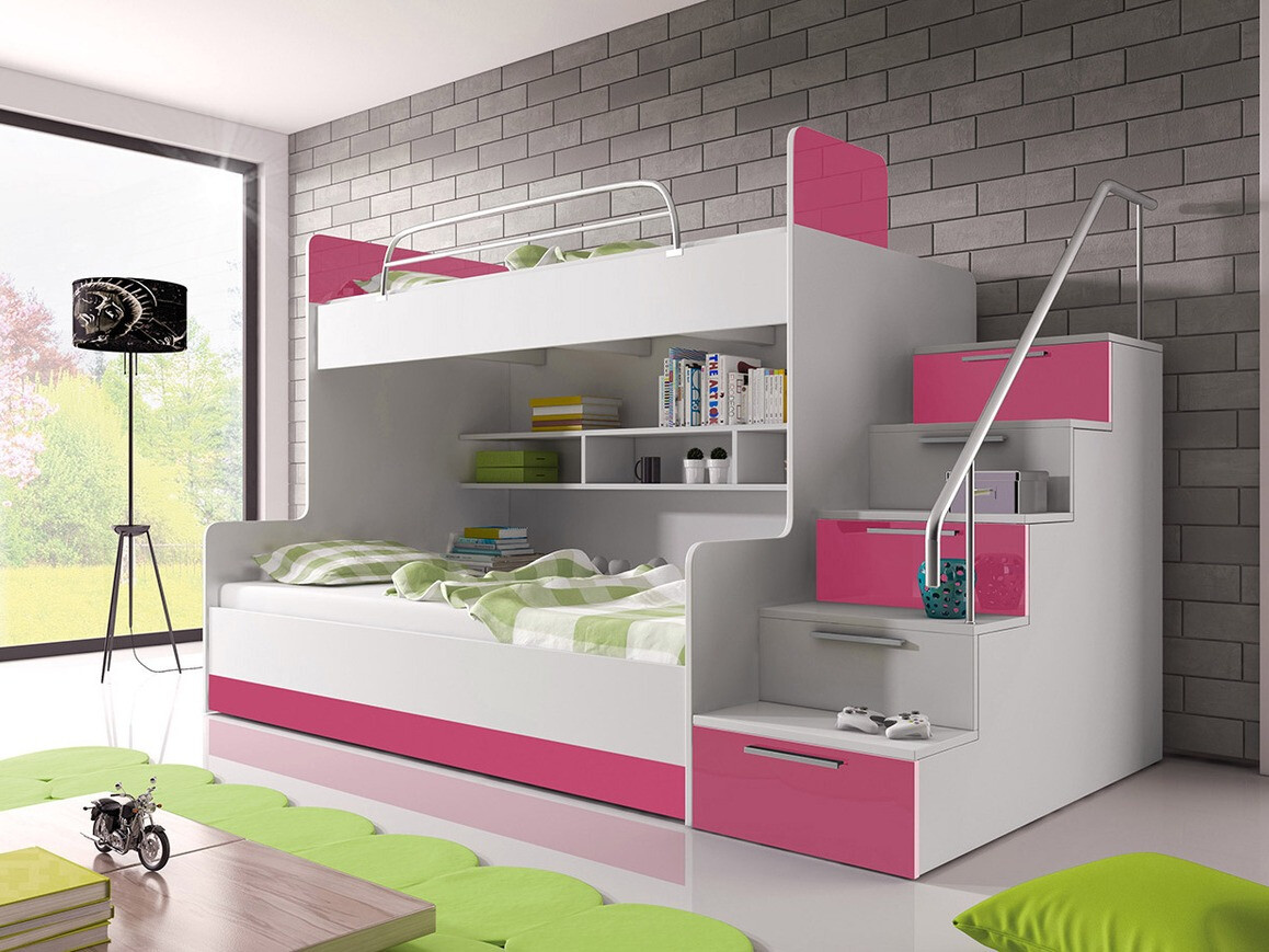 Stapelbed Salmere 111 (Wit + Glanzend wit + Glanzend roze)