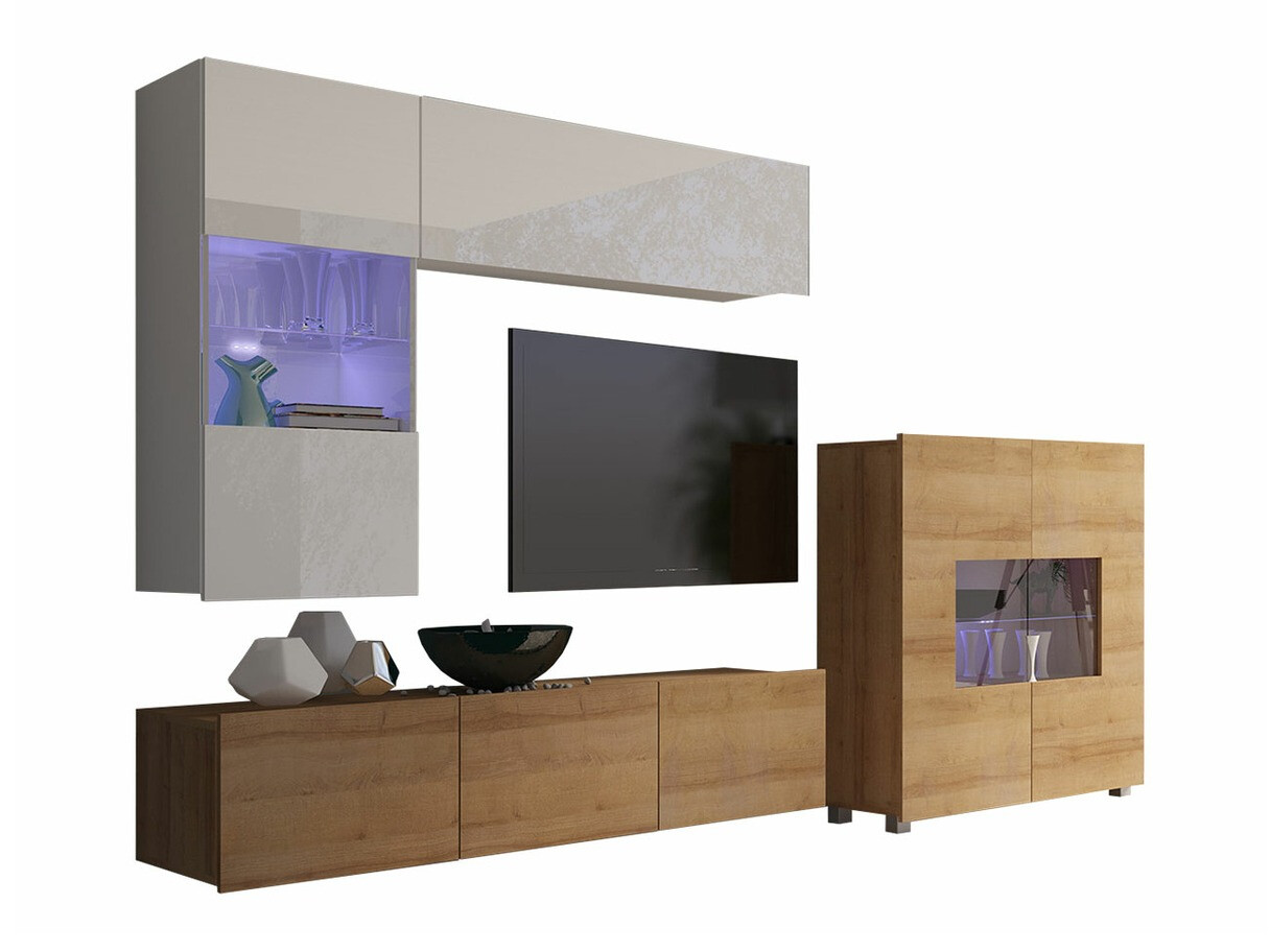 Woonkamerset Remus III (Gouden eik + Wit + Glanzend wit)