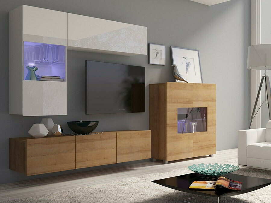 Woonkamerset Tivdalu 107 (Gouden eik + Wit + Glanzend wit)