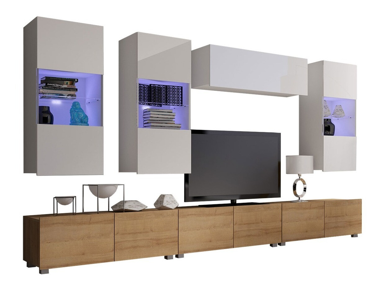 Woonkamerset Remus XI (Gouden eik + Wit + Glanzend wit)