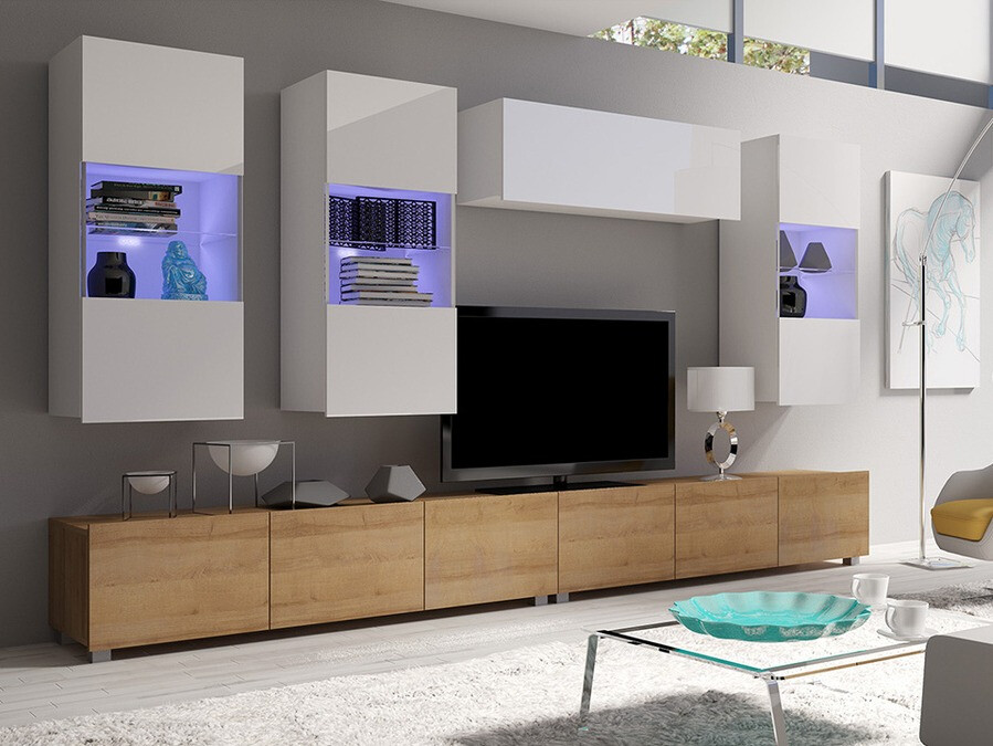 Woonkamerset Tivdalu 121 (Gouden eik + Wit + Glanzend wit)