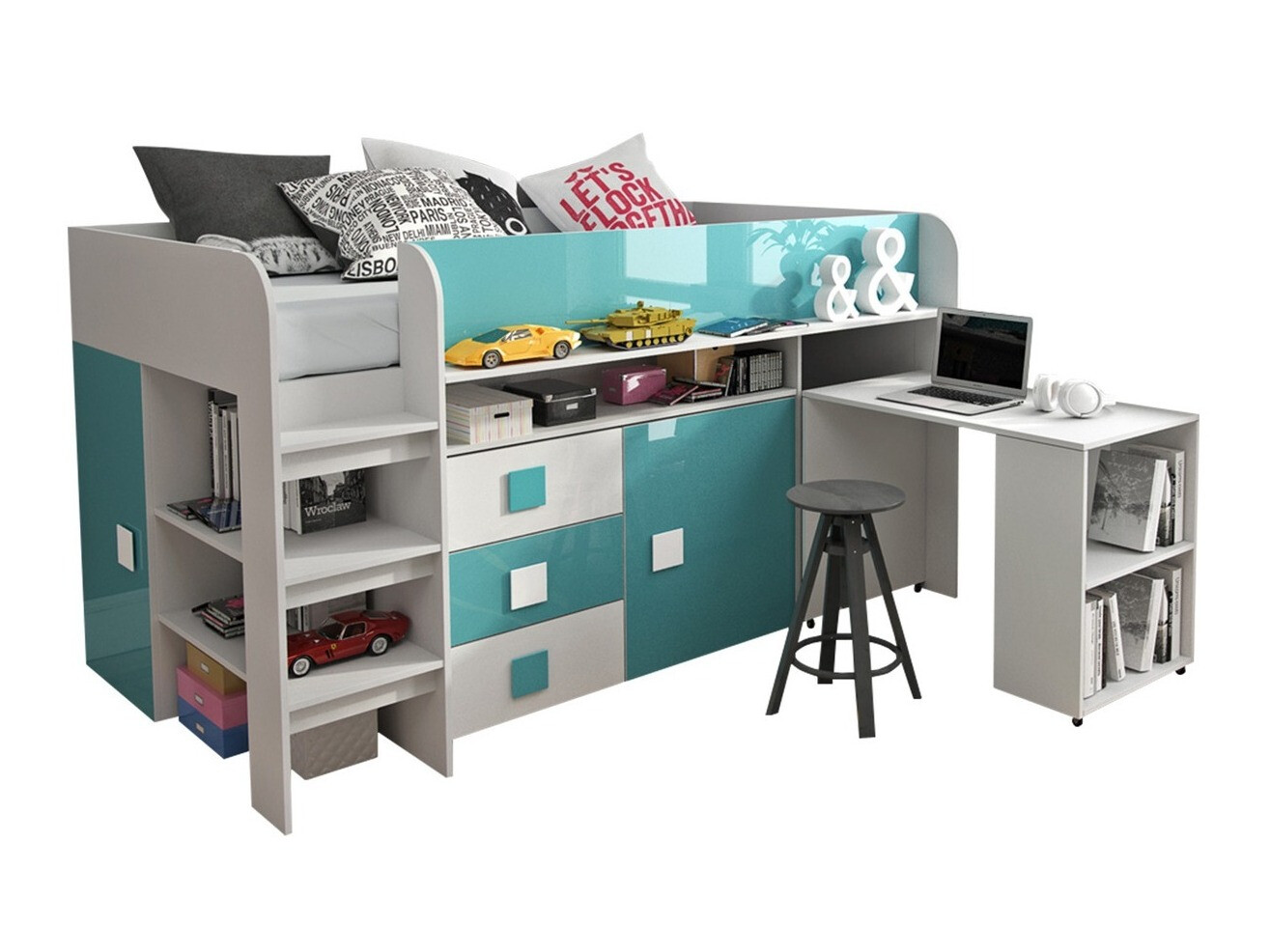 Bed Hartford 190 (Wit + glans Turquoise + Glanzend wit)