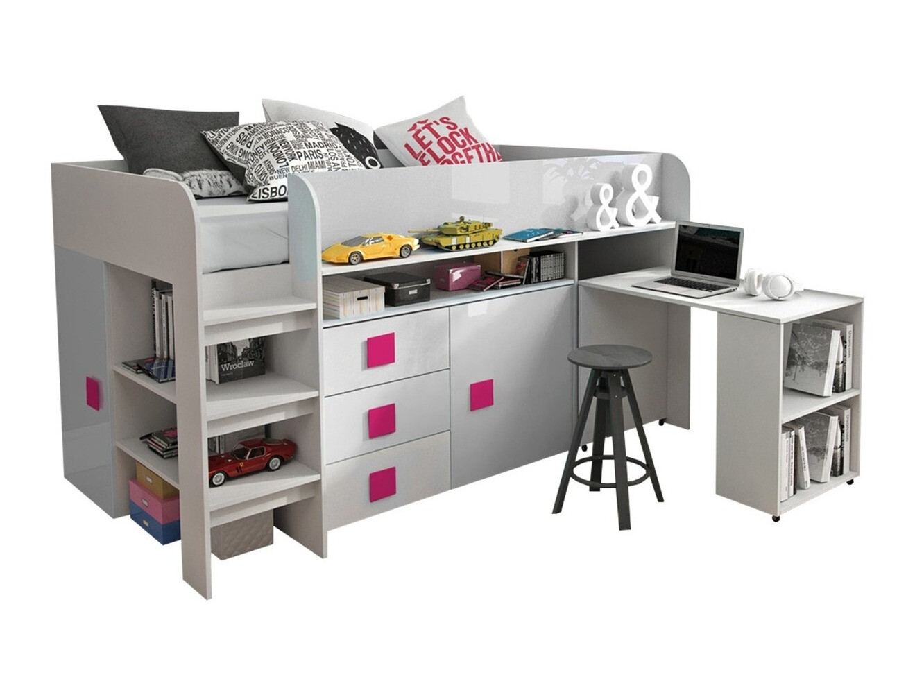 Bed Hartford 190 (Wit + Glanzend wit + Glanzend roze)