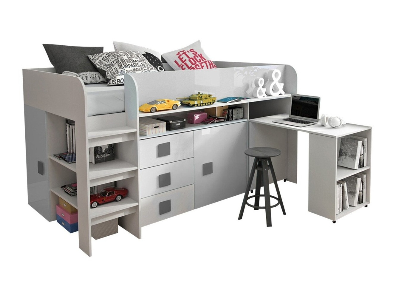 Bed Hartford 190 (Wit + Glanzend wit + Grijs met glans)