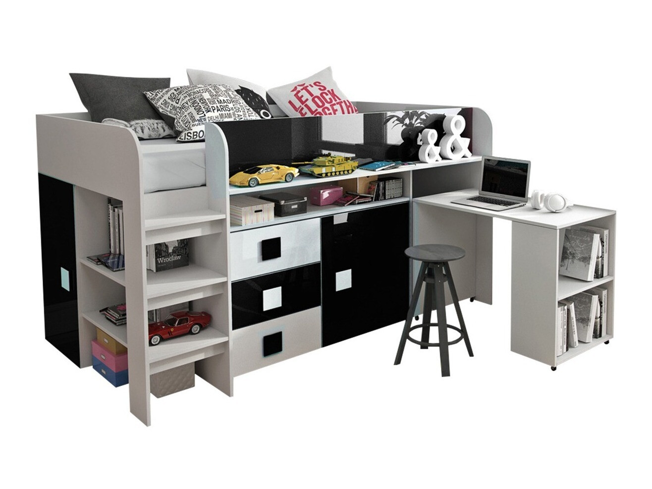 Bed Hartford 190 (Wit + Glanzend zwart + Glanzend wit)