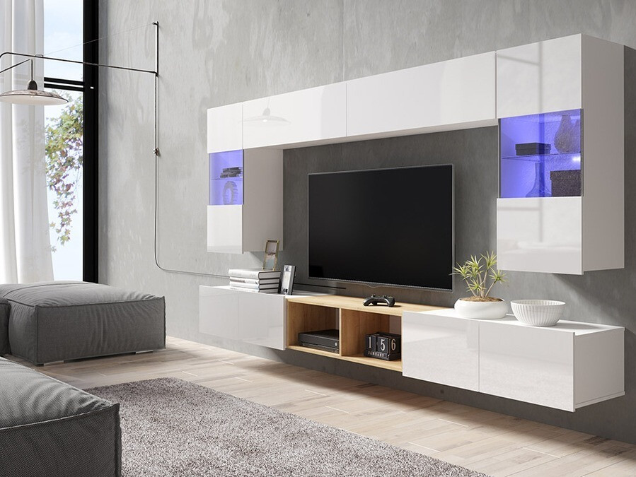 Woonkamerset Tivdalu 144 (Wit + Glanzend wit + Gouden eik)