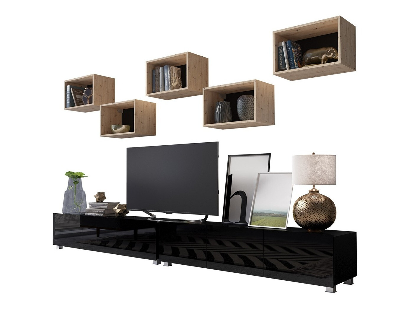Woonkamerset Tivdalu 152 (Zwart + Glanzend zwart + Artisan eiken)