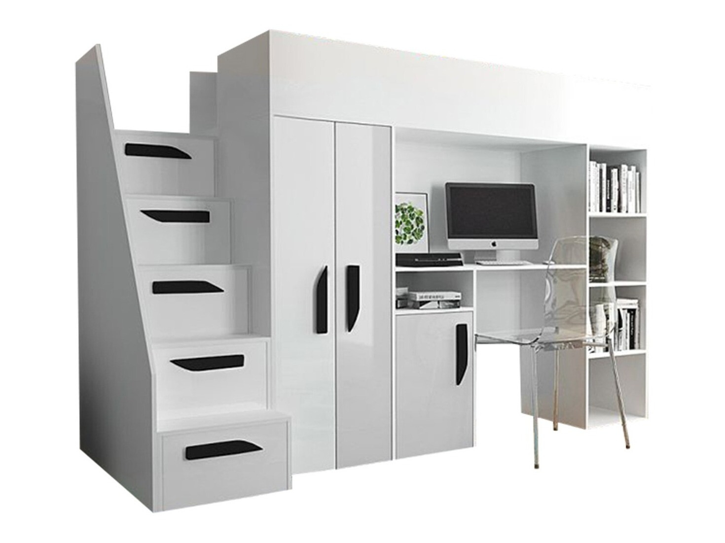 Hoog bed Hartford 192 (Wit + Glanzend wit + Glanzend zwart)