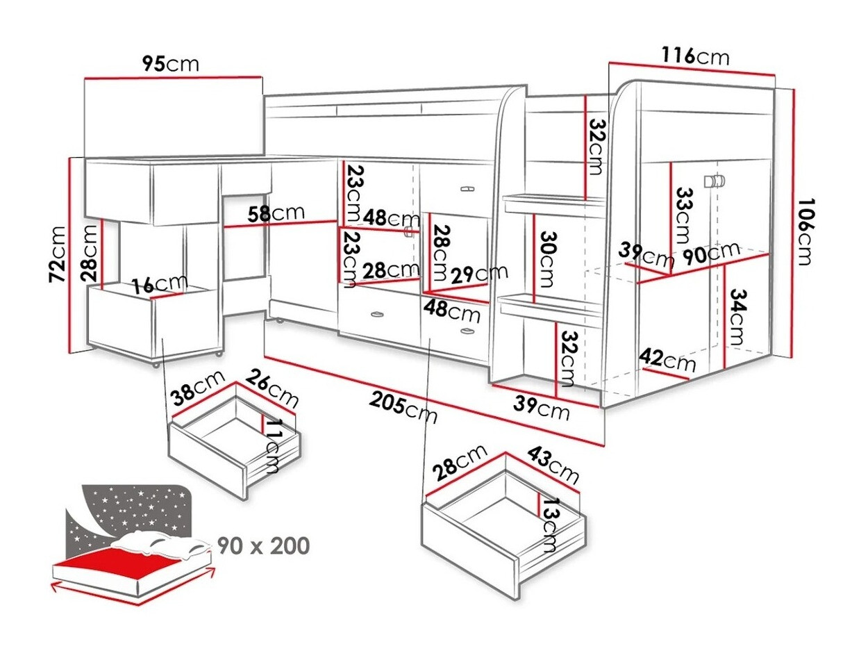 Hoog bed Omaha E122 (Wit + Turquoise)