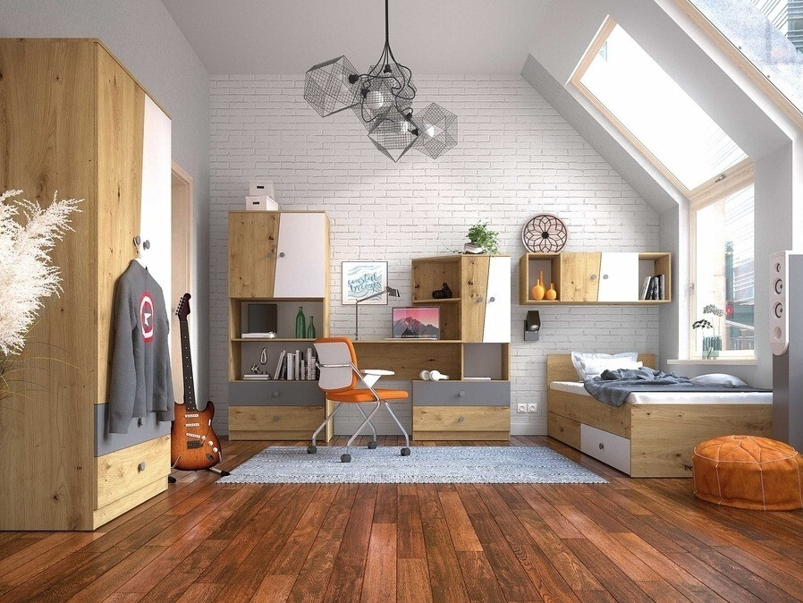 Bed Mirelbu 112 (Artisan eiken + Glanzend wit + Zwart)