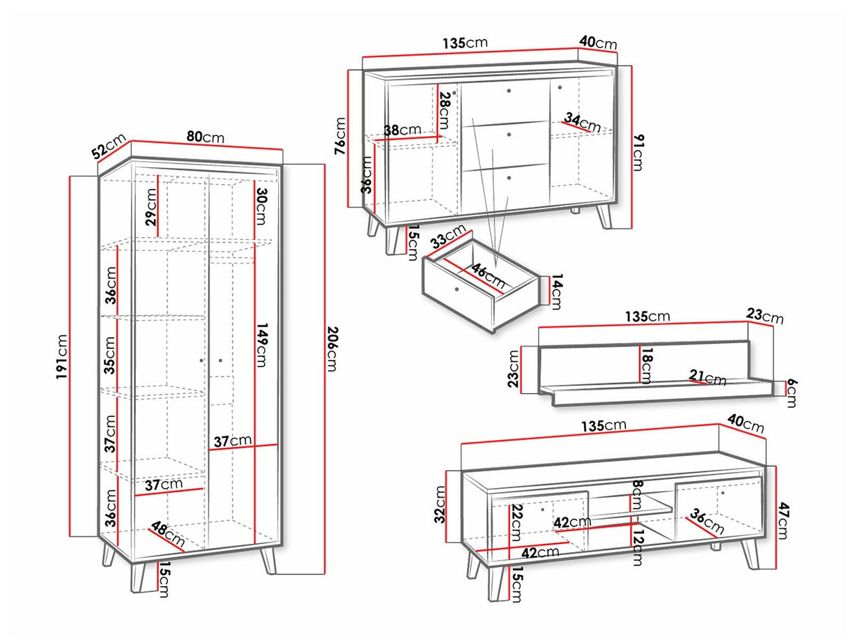 Woonkamerset Delbene 119 (Licht San Remo eiken + Mat wit)