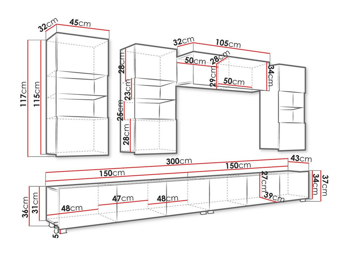Woonkamerset Tivdalu 109 (Wit + Glanzend wit + Zwart + Glanzend zwart)
